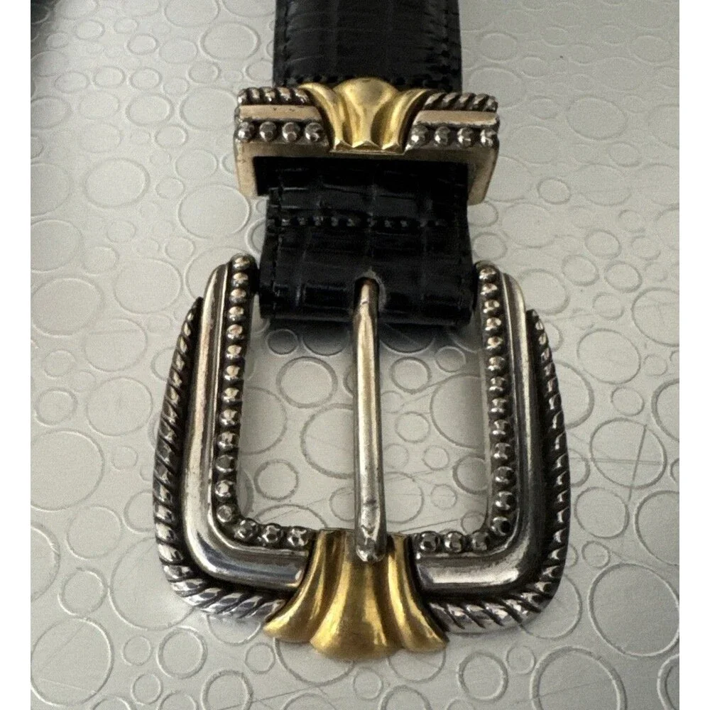 Vintage Brighton Museum Collection Golden Coins Leather Belt Black Croc S 37903